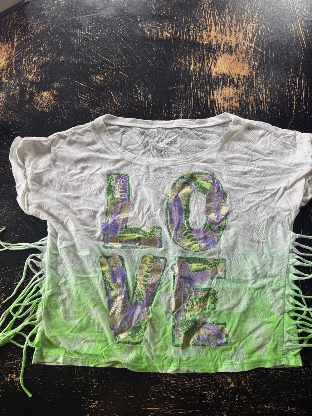 Justice Girls' White & Lime Green 'LOVE' Fringe Crop Top